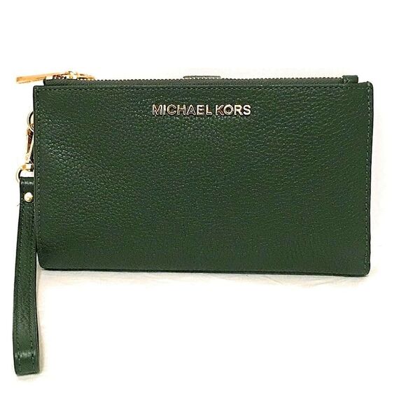Michael Kors Women's Green Pebble Leather Travel Jet Set Zip Clutch Wristlet - Picture 1 of 5